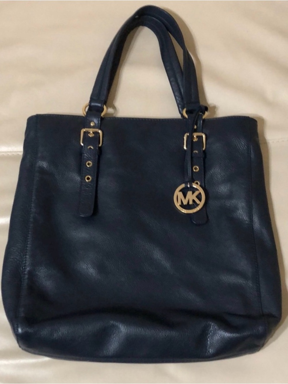 Michael Kors Bedford Large Leather North South Tote Bag Navy Blue Gold